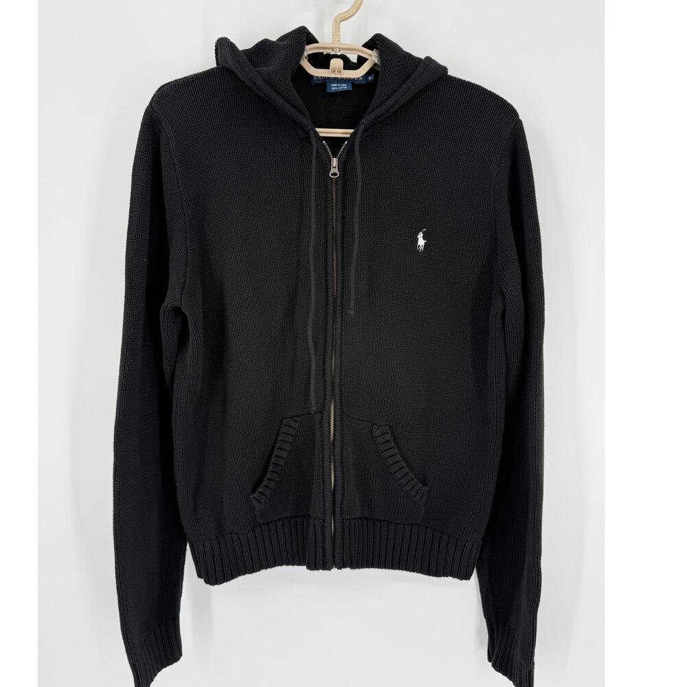 Ralph Lauren VTG Cotton Full Zip Cardigan Sweater Hoodie Black Size XL Slim Fit